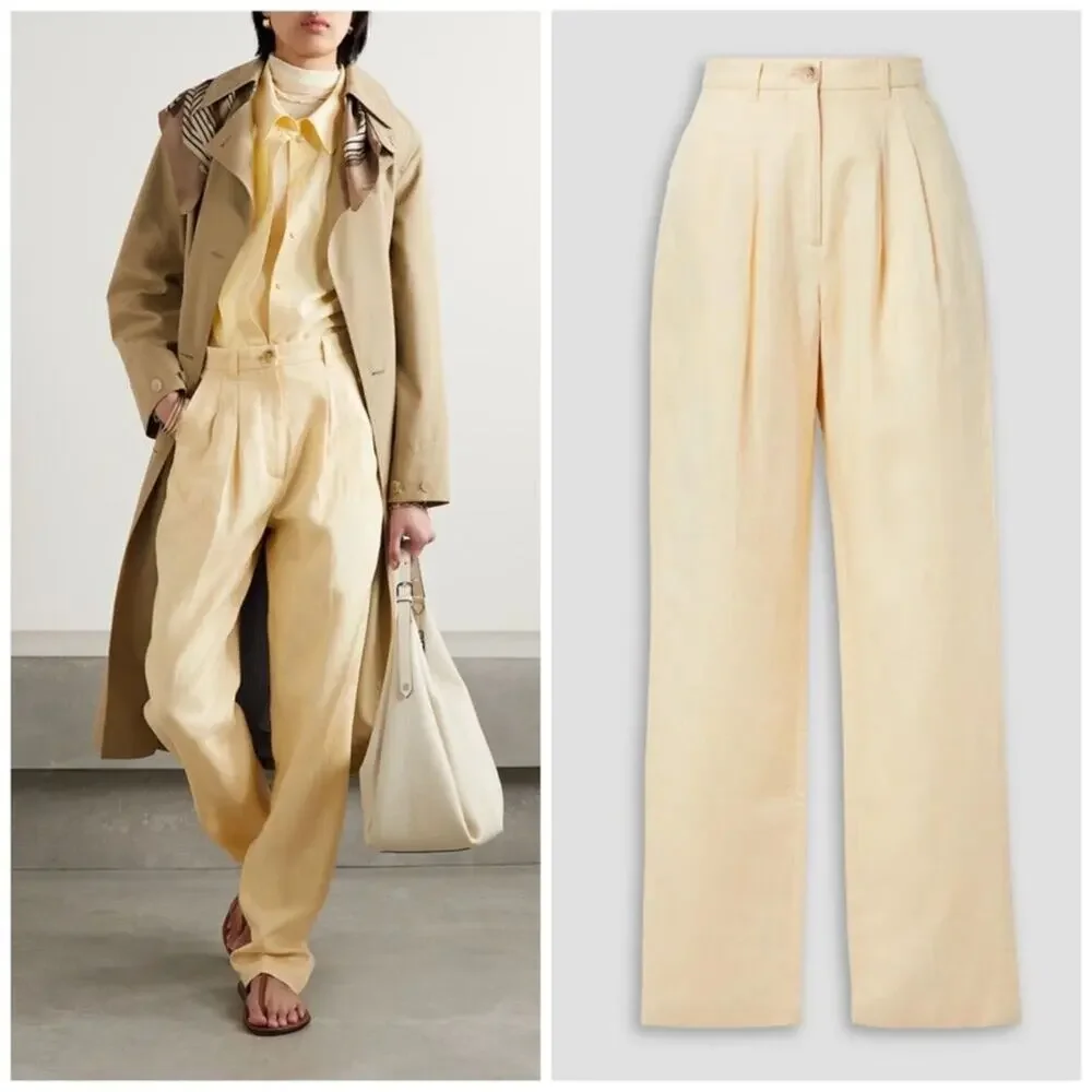 Anine Bing Women’s Jay High Waisted Yellow Pleated Linen Trouser Pants